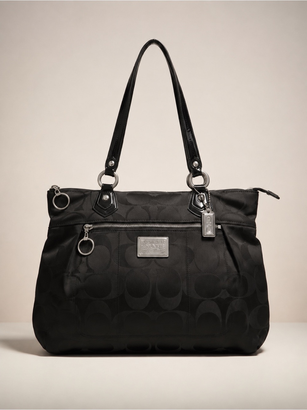 Coach Poppy Black Signature C Tote Pink Lining Patent Trim